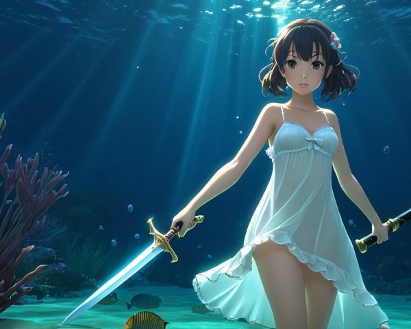 Underwater Scene of a Girl with Swords and Coral