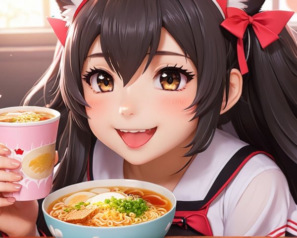 Cheerful anime girl enjoying ramen in cozy setting