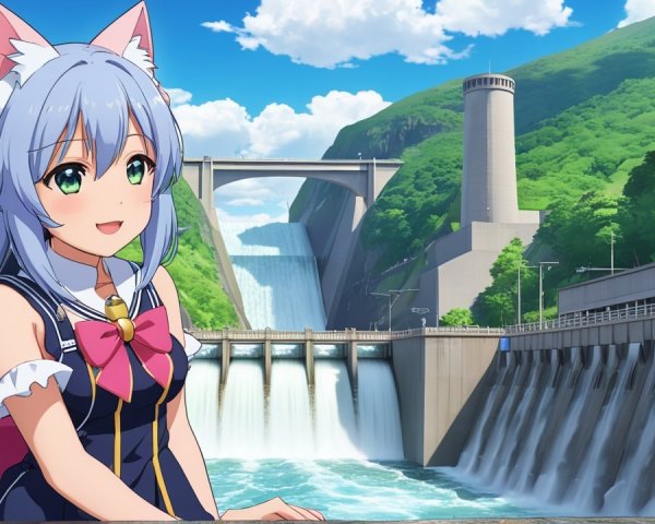 Cheerful anime girl by a dam with a waterfall