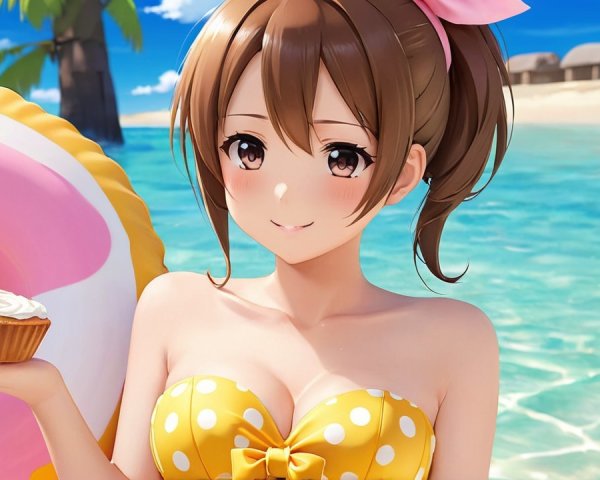 Cheerful Anime Girl on Sunny Beach with Cupcake