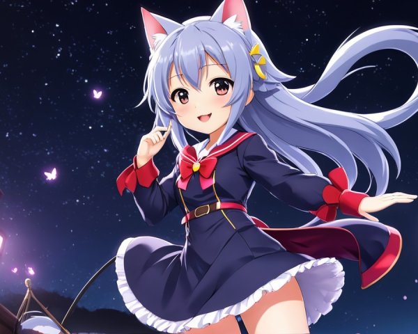 Cute anime girl with blue hair and cat ears at night