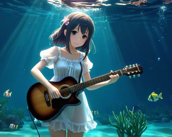 Anime Girl Underwater with Guitar and Coral Scene