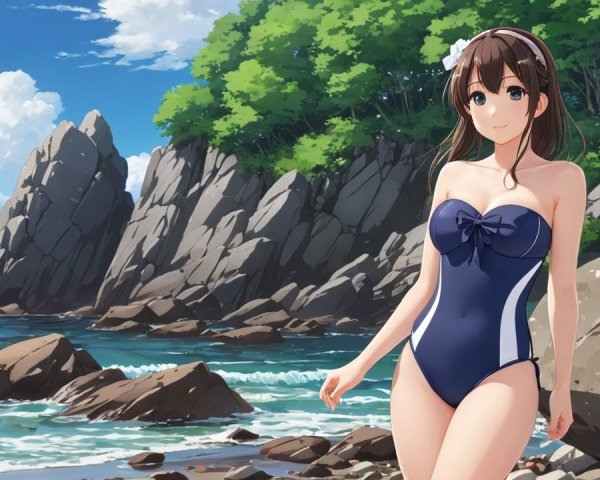 Cheerful woman in navy swimsuit at rocky beach