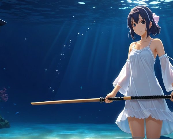 Underwater Scene with Girl in White Dress and Katana