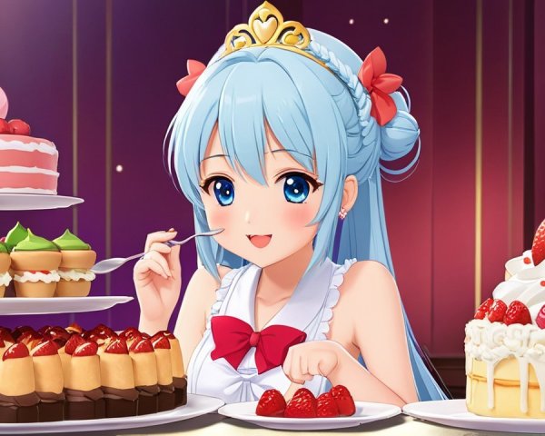 Cheerful Blue-Haired Girl Surrounded by Colorful Desserts