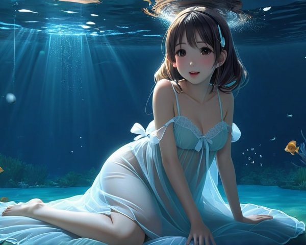 Underwater Scene with Woman in Translucent Gown