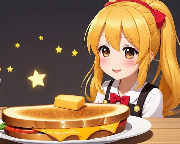Cheerful Anime Girl with Sandwich and Orange Juice