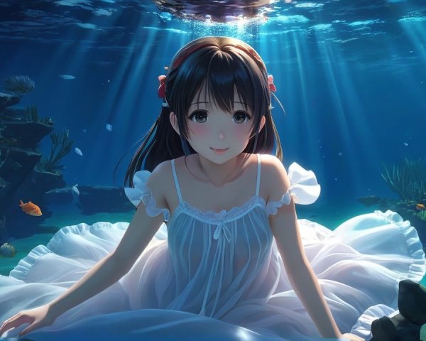 Underwater Scene with Girl in White Dress and Fish