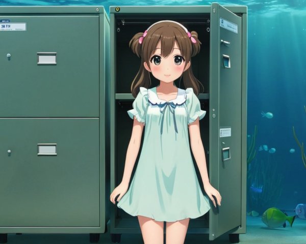 Young girl explores underwater filing cabinet with sea life