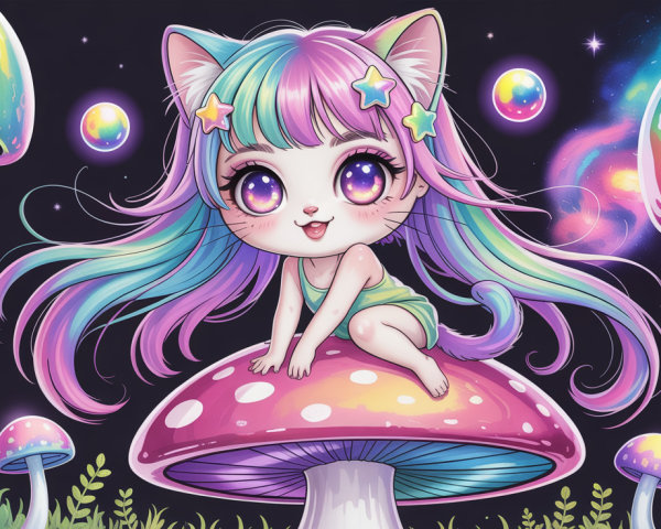 Chibi Cat Girl on Pink Mushroom in Starry Landscape