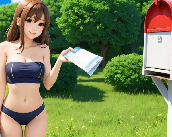 Young woman in bikini by red mailbox on sunny day