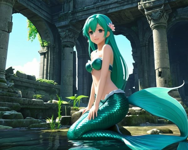 Vibrant Mermaid in Ancient Ruins with Lush Greenery