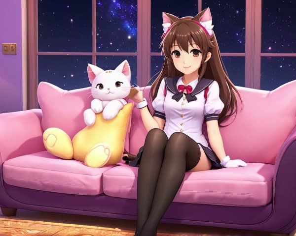 Animated girl with cat ears on a purple sofa