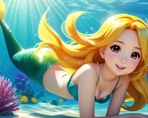 Cheerful mermaid swimming in vibrant underwater scene