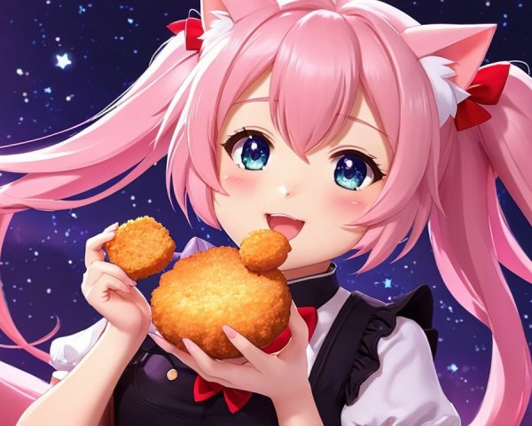Cheerful Girl with Pink Hair Enjoying Bear-Shaped Food