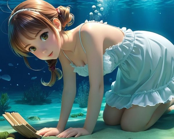 Young girl in white dress kneeling on ocean floor