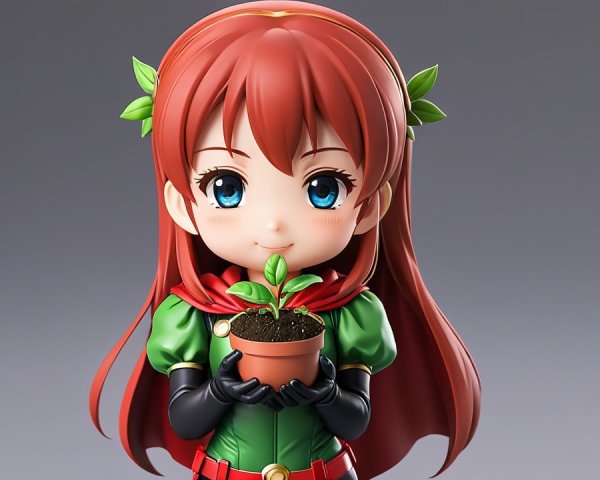 Stylized figure of a girl with plant and vibrant outfit