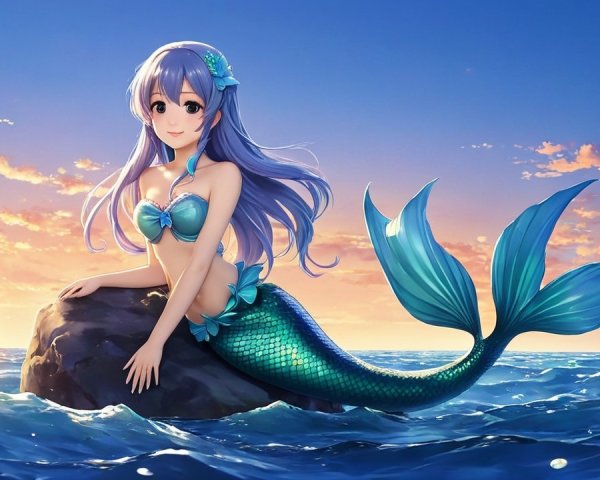 Mermaid on a Rock with Sunset and Ocean Waves