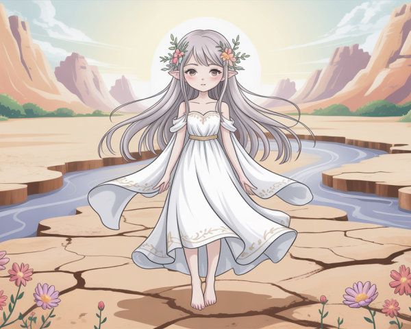 Anime Illustration of a Woman in a Barren Landscape