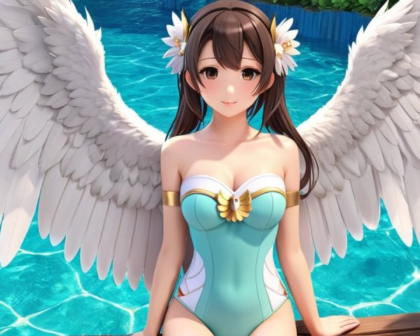 Young woman in blue swimsuit by sparkling pool