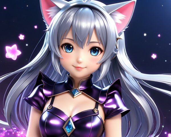 Fantasy Character with Silver Hair and Cat Ears
