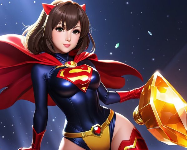 Female superhero in blue and red costume with cape