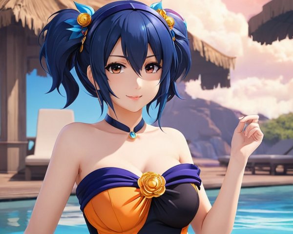 Anime Girl by Sparkling Pool in Colorful Swimsuit
