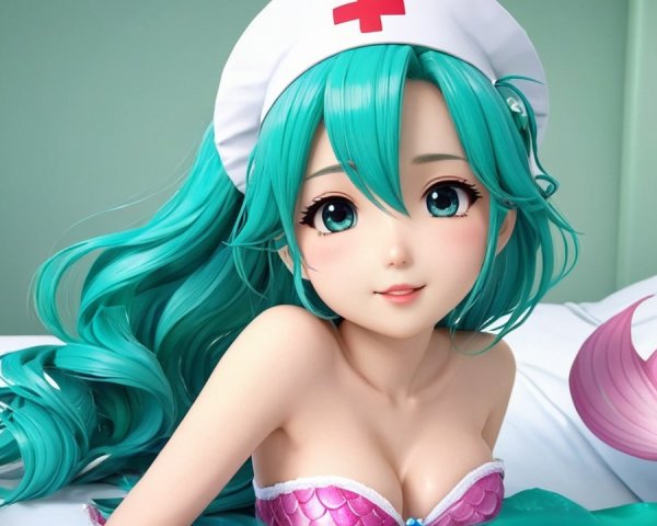 Stylized anime character as a nurse-mermaid hybrid