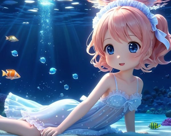 Cheerful anime girl swimming among coral reefs