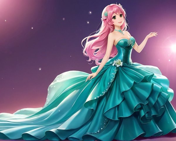 Animated Character in Teal Gown with Floral Details