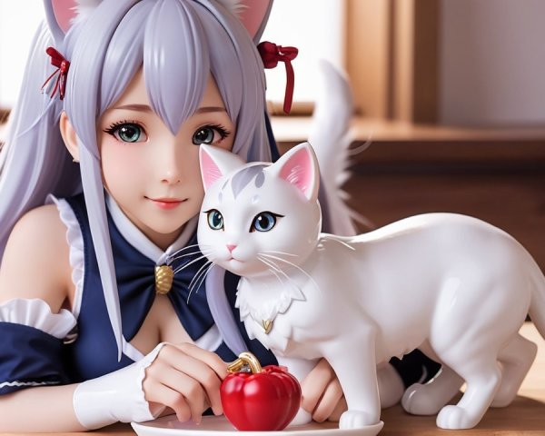 Girl with Purple Hair and Cat at a Wooden Table