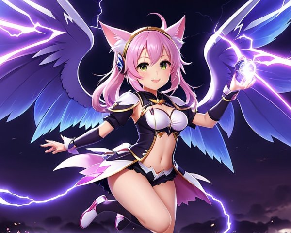 Vibrant Anime Character with Cat Features and Wings