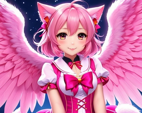 Character with Pink Hair and Feathered Wings in Stars