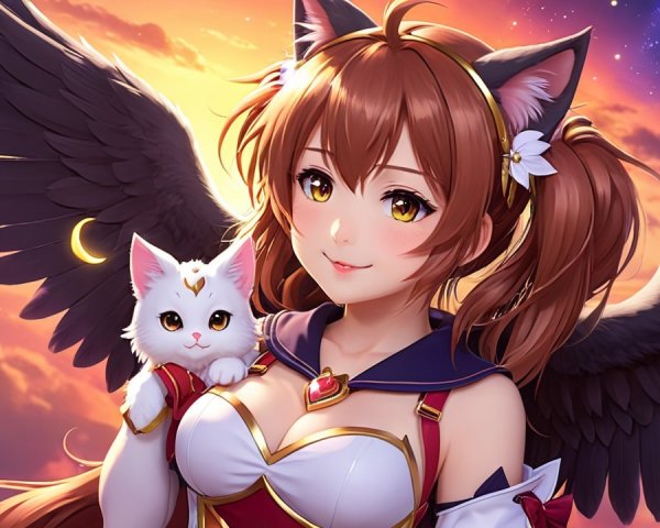 Fantasy Character with Cat Ears and Angelic Wings