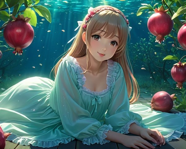 Young Woman in Mint-Green Gown Among Pomegranate Trees