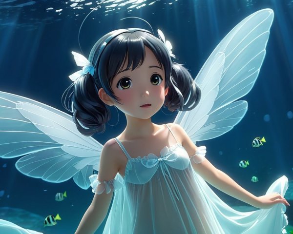 Underwater Scene with Girl and Butterfly Wings