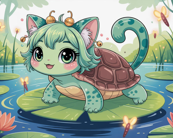 Cute Turtle Mermaid on Lily Pad in Pond Scene