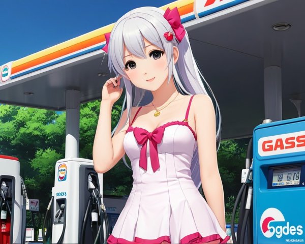 Young girl with silver hair at a colorful gas station