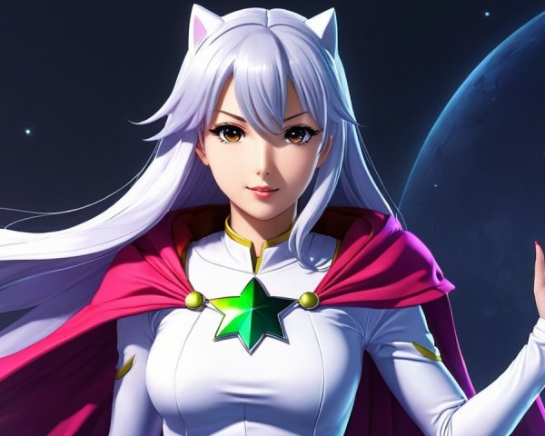 Character with White Hair and Cat Ears in Cosmic Setting