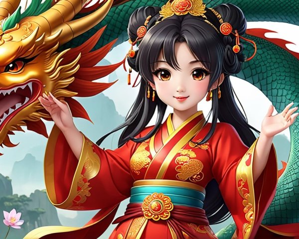 Young woman in red dress with golden dragon backdrop