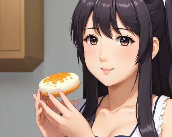 Young woman with dessert in a bright, natural setting