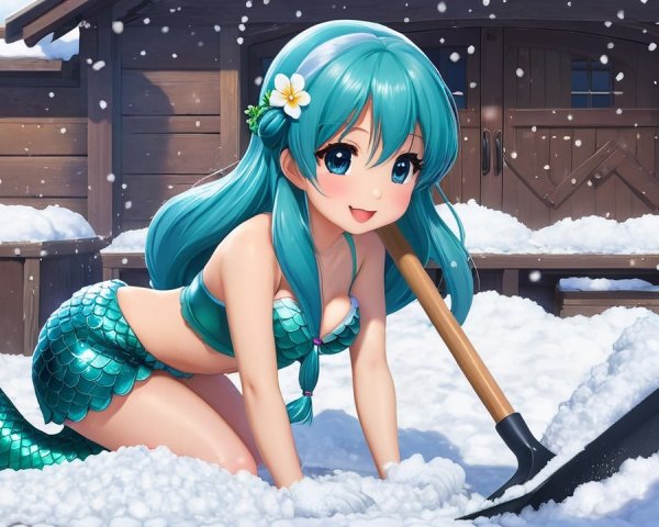 Cheerful mermaid in winter scene with snow and cabin