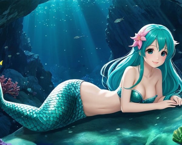Mermaid with Turquoise Hair in Underwater Scene