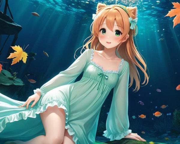 Whimsical Underwater Scene with Cat-Eared Character