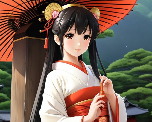 Young Woman in Traditional Kimono Under Red Parasol