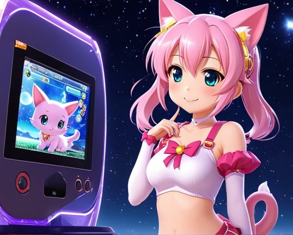Cheerful Anime Girl with Cat Ears and Gaming Console