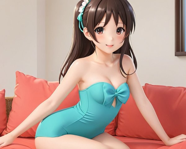 Young woman in turquoise swimsuit on coral couch