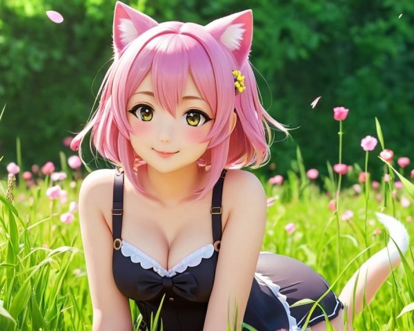 Anime girl with pink hair in a flower field