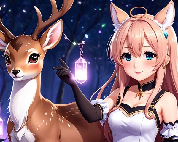 Whimsical Scene of Girl and Deer in Magical Forest