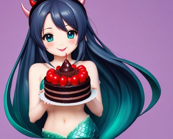 Cheerful anime character with teal hair and cake